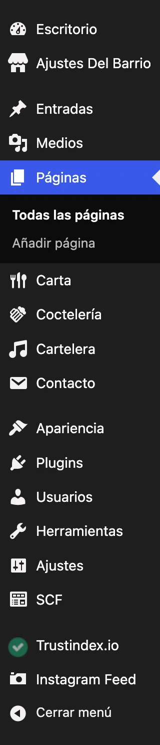 Menú lateral de wp-admin con Escritorio, Ajustes Del Barrio, Entradas, Medios, Páginas, Carta, Coctelería, Cartelera, Contacto, Apariencia, Plugins, Usuarios, Herramientas, Ajustes, SCF, Trustindex.io e Instagram Feed.